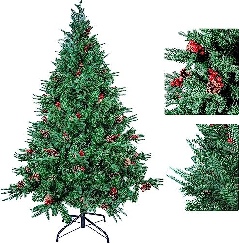 himaly Künstliche Weihnachtsbäume 180 cm mit 688 Spitzen, PVC/PE Material Naturgetreue Tannenbaum künstlich Christbaum, 53pcs echten Tannenzapfen, 53pcs roten Früchten für Innen und Außendekoration