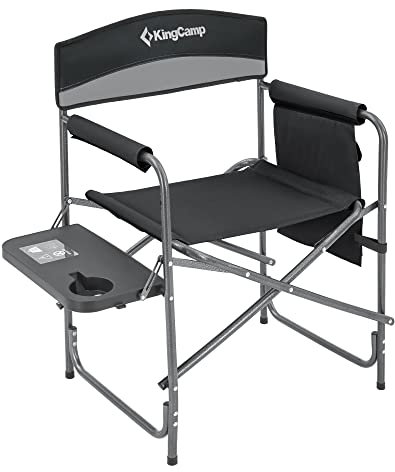 KingCamp Oversized Directors Camping Chairs for Adults, Up to 180 kg (400 lbs) Heavy Duty Folding Directors Chair, Portable Outdoor Camping Chair with Side Table & Pockets, Padded Armrests, Grey