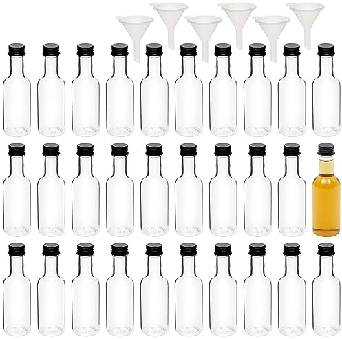 Stockroom Plus 30 Pack 50ml Mini Liquor Bottles with Caps - 1.7 oz Small Wine Bottle with 6 Funnels for Party Favors, Alcohol