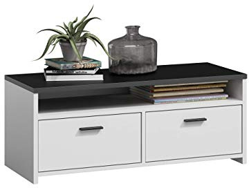 MATKAM Fernsehkommode Mili H44xB100xT45cm, laminierte Möbelplatte 18 mm, EIN offenes Regalfach, darunter 2 Ablagen mit Türen Links und rechts, Metallscharniere, satinierte Griffe (Weiß-Schwarz)