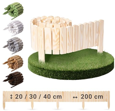 BOOGARDI Beeteinfassung Holz · Rasenkante in 18 Designs · Natur 30 cm hoch x 200 cm lang · Beetbegrenzung Steckzaun Beetumrandung Rollzaun Beet Zaun Holzzaun Garten