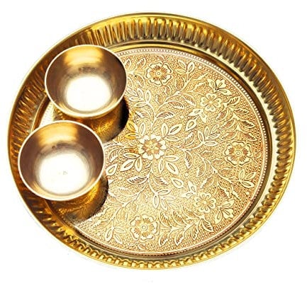 Decorative Brass Thali Plate Indian Brass Thali Prasad Plate with 2 Katori Bowl Patra for Pooja Utensils Indian Traditional Puja Articles (Thali Size:-8 Diameter) Patra (Set of 2 Katori/Bowl)