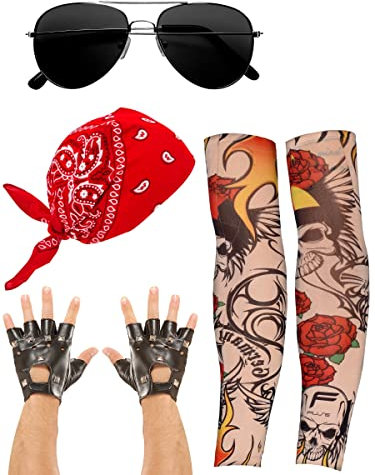 Edozos 70er 80er Jahre Heavy Metal Disco Punk Gothic Rocker Kostüm Zubehör - Bandana, Handschuhe, Sonnenbrille und Arm Fake Tattoo Ärmel für Männer Frauen Verkleidung