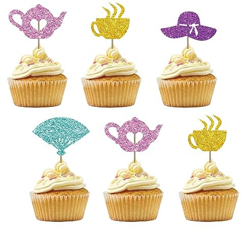 Set of 24 Teapot Cupcake Toppers for Tea Party Baby Shower, Pink & Gold Glitter Tea Kettle Cup Sign Cupcake Toppers, Cake Decorations for 1st Birthday/Bridal Shower Wedding Party Supplies