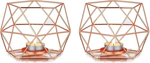 Candle Holders for Tea Lights - 2 Pcs Tealight Holders Rose Gold Geometric Candle Holder for Pillar Candles for Wedding Table Centrepieces Anniversary Birthday Pary Living Room Decorations