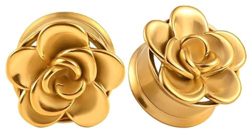 KnBoB 2 Stück Tunnel Damen 22MM Edelstahl Gold Blumen Flesh Tunnel Ohr Piercing Expander Ear Tunnel