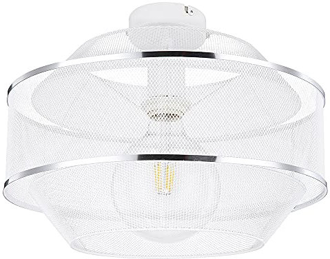 Deckenleuchte Drahtgeflecht Esszimmer Designlampe Deckenlampe1 flammig mit zwei Chromringen in Gitteroptik, Metall Käfig weiß, 1x E27 Fassung, DxH 27,5x12x21,5 cm