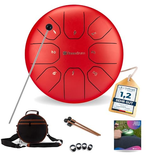 Sonodrum Zungentrommel Standard C - Dur in Rot - 20 cm klein mit 8 Tönen - Steel Tongue Drum inkl. Liederbuch, Schlägel, Fingersticks und Tragetasche - Notenlesen nicht nötig, einfach zu spielen.