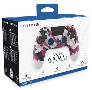 Gioteck VX4+ Wireless Controller for PlayStation 4 (PS4) - Pink Camo - Customisable RGB Lighting and Programmable Back Buttons - Bluetooth Compatible