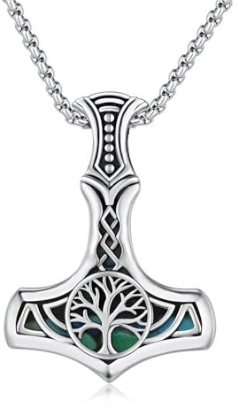 MEDWISE Thors Hammer Halskette 925 Sterling Silber Baum des Lebens Keltisches Kette Mjölnir Anhänger Abalone Muschel Kette Lebensbaum Anhänger Schmuck für Damen Unisex Herren Teenager