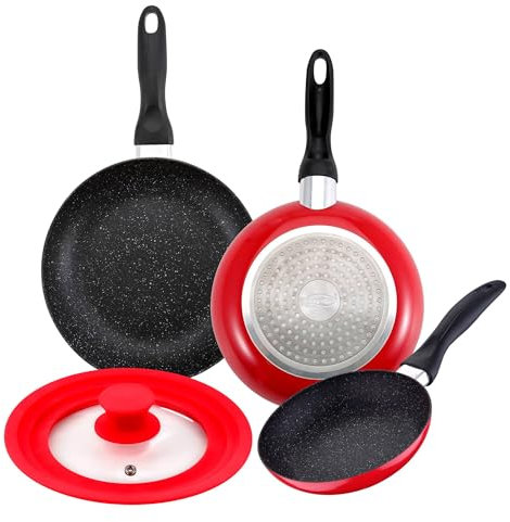 Set de 3 sartenes San Ignacio revestimiento mármol Ø16Ø20Ø24cm + tapa universal en color rojo de vidrio