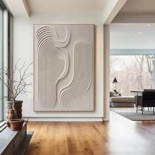 XINBAO Grande peinture texturée 3D beige, peinture abstraite en plâtre beige sur toile, art mural, décoration murale moderne minimaliste beige, 70 x 100 cm, sans cadre