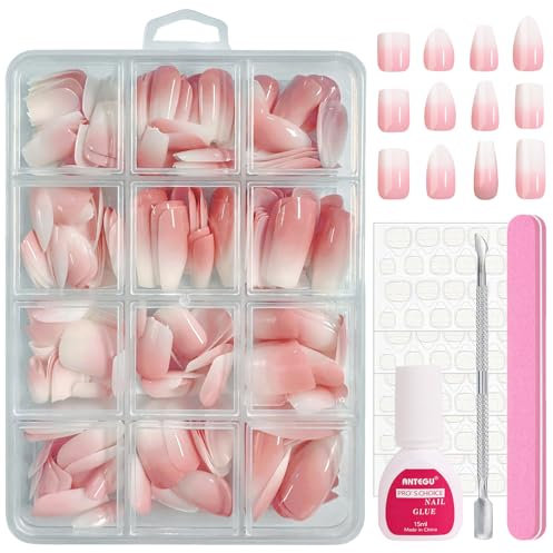 Falsche Nägel Tips Set - 288 Stück Weiß Französisch Falsche Nägel Zum Aufkleben - Kurz Almond Ballerina Rosa Gradient Fake Nails mit Kleber für Frauen Natürliches Angenehmes Tragegefüh (Baby Rosa)