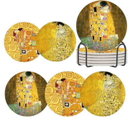 ubcindy Gustav Klimt Untersetzer für Getränke, rund, saugfähig, Keramik-Stein-Untersetzer mit Metallständer, Klimt Gold Gelb Kunst Untersetzer mit Korkboden für Heimdekoration, Bar, Kaffee, Party,