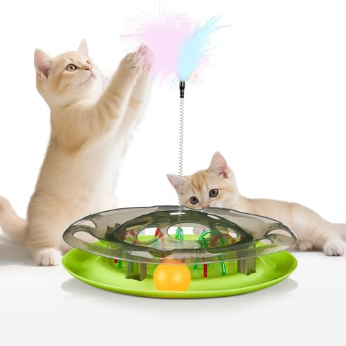 Iptienda Katzenspielzeug,3-in-1 Interaktives Katzenspielzeug mit Federn&Ball Katzen Spielzeug,Intelligenzspielzeug für Katzen,Fummelbrett für Katze Fütterungstraining und Spielzeug Selbstbeschäftigung