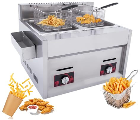 Freidora Comercial, Freidora Profesional De Doble Cuba, Freidora A Gas con Especiero Y Orificio De Salida De Humos, Gran Capacidad 10l×2, Apta para Supermercados Y Snack Bars.