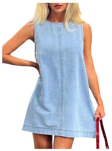 Milumia Women's A-Line Sleeveless Crew Neck Denim Dress Loose Casual Mini Jean Dresses Blue Medium