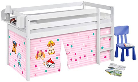 Lilokids Hochbett JELLE 90×200 cm | 90x190 cm – Kinderbett & Spielbett aus Massivholz (Kiefer) inkl. Lattenrost – Verschiedene Markenmotive (Paw Patrol rosa, 90 x 190 cm)