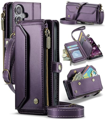 FONREST Leather Purse Bag Case for iPhone 17, Magnetic Flip Wallet Cover with Kickstand RFID Blocking Card Holders Cash Slot Zipper Pocket Crossbody Lanyard Wrist Strap (Purple)