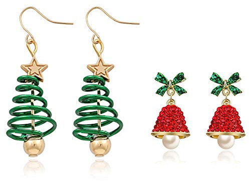 Gleamart 2 Paar Weihnachtsohrringe Set Geschenke für Frauen Drop Dangle Weihnachtsbaum Jingle Bell Ohrringe