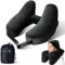 Inflatable Neck Pillow for Airplane Travel with Hoodie, Portable Neck Support for Long Haul Flights Sleeping Napping, with Soft Velour Cover Hat, Travelling Sleep Essentials for Plane Car Train