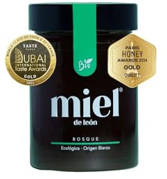 Miel de León | Miel de Bosque - 450 gr - De Abeja 100% Natural. Producto Artesano cosecha propia. Premio GOLD Dubai International Taste Awards. Sabor Tostado - Aroma Intenso. Origen: El Bierzo.