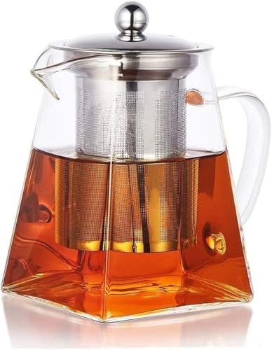 Pluiesoleil 950ML Borosilicate Glass Teapot, Loose Leaf Teapots with Infuser, Large Square Tea Pot with Strainer, Stovetop Microwave Safe Teapot for 4(950ML)