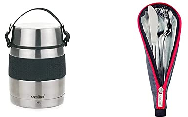 Valira VAN6615 Inoxterm - Termo para sólidos con 2 contenedores interiores, Gris, 1 L & Porta alimentos - Set de cubiertos