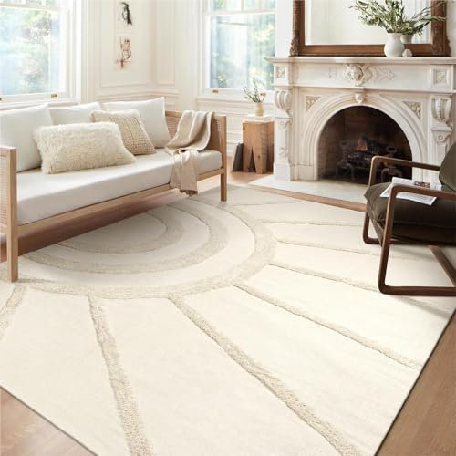 OJIA Boho-Wohnzimmerteppich, 1,5 m x 20,3 cm, groß, waschbar, weich, getuftet, für Schlafzimmer, Kinderzimmer, Kinderzimmer, Kinderzimmer, Büro, Baumwolle, gewebt, Beige