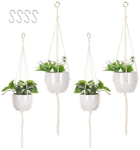 MUYAPAY 4 Pezzi Cestino Sospeso in Pizzo Portavaso Da Appendere, Vasi Appesi Macrame Plant, Vasi Sospesi per Piante Sospese,Porta Vasi da Appendere,Appendiabiti macramè in Cotone Corda impiccagione