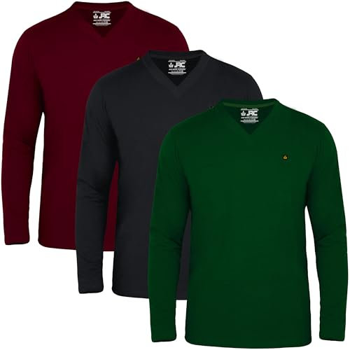 JRC Just Royal Clothing Pack of 3 Mens Long Sleeve V-Neck T-Shirts, Casual Vee Neck Tops (Olive, Black, Maroon, XL)