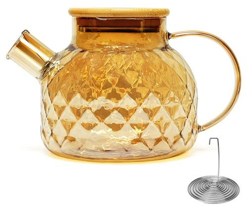 Belle Vous Teekanne Glas mit Siebeinsatz & Bambusdeckel - Strukturierte Borosilikatglas Teekanne 1 Liter mit Herausnehmbarem Teesieb - Herdsichere Teekanne für Losen Tee & Früchtetee
