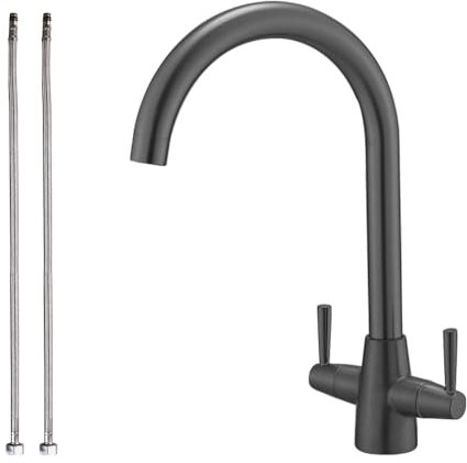 Haiba Kitchen Mixer Tap Dual Lever Swivel Spout Monobloc Grey Sink Taps with UK Standard Fittings