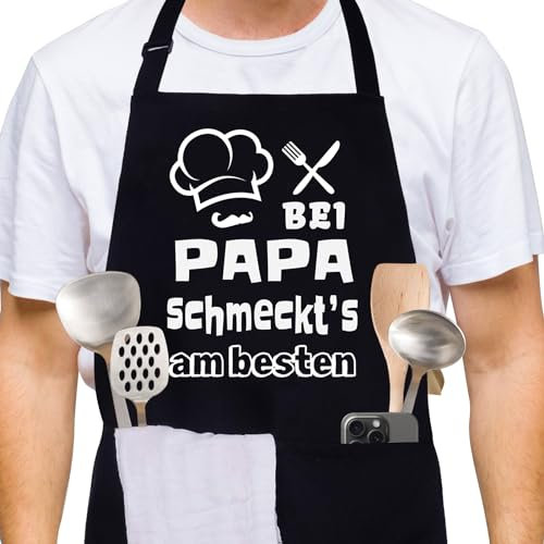 FUKPO Kochschürze Herren Schwarz, Baumwolle Grillschürze für Papa Männer Lustige Schürze Mann mit Taschen, Verstellbar Küchenschürze Herren Personalisiert Schürzen Lustig Geschenke