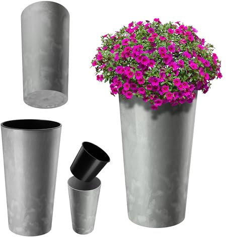 KADAX Pflanzkübel mit Innentopf Grau Ø 25.5 cm, Höhe 47 cm – Moderner Pflanztopf mit Einsatz, Blumentopf aus robuster Kunststoff für Innen- und Außenbereich, ideal für Wohnzimmer, Balkon, Büro