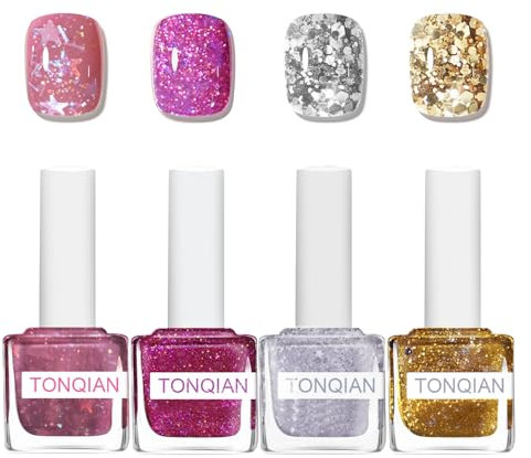 OKAQEE Glitter Nail Polish - 4pcs Nail Varnish Set - Quick Dry & Long Lasting - Waterproof & Non-Peelable - DIY Nail Art - Gift Set 8ML