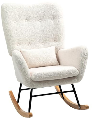 HOMCOM Schaukelstuhl, Schaukelsessel mit Armlehne, Teddystoff-Optik, Stillsessel mit Holzkufen, Lendenkissen, Relaxsessel Schwingsessel für Wohnzimmer, Schlafzimmer, Cremeweiß