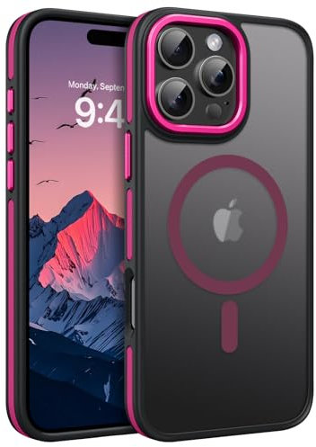 GUAGUA Cover per iPhone 16 Pro Max, Custodia Magnetica iPhone 16 Pro Max Compatibile con MagSafe, Opoco Protettivo Case Sottile Anti-Graffio Glassato Traslucido Antiurto 6,9 Pollici, Rosa Calda