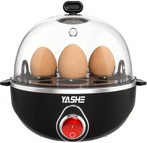 YASHE Rapid Egg Cooker, 7-Egg Electric Boiler, Black | Cook Hard, Medium or Soft Eggs with Measuring Cup, Bpa-Free Tray, Lid, Auto Shut-Off and Overheat Protection