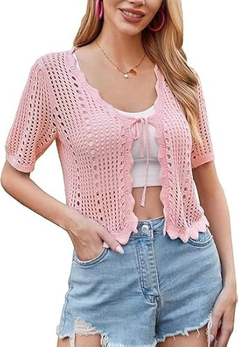 Kate Kasin Bolero Damen Lässiger Sommer Kurze Strickjacke Crochet Cardigan | V-Ausschnitt,Kurzarm,Bindeband vorne,Wellensaum,Ajourstrick,Elastisch,Textur,Strand&Urlaub&Reisen