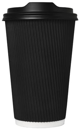 We Can Source It Ltd – 50 Sets of 12oz Insulated Black Paper Coffee Cups with Lids, Disposable Hot Beverage Cup for Coffee, Tea - Leak-Proof Disposable Coffee Cups for Home, Office and Cafes