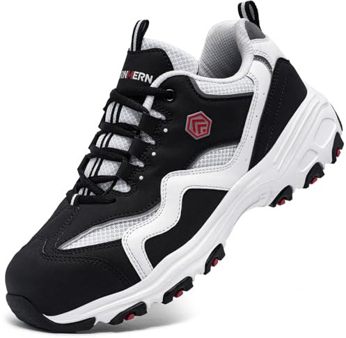 LARNMERN Chaussure de Securité Homme Femme,Respirant Réfléchissant Embout en Acier Basket Securité Chaussure de Travail 43,Noir Blanc