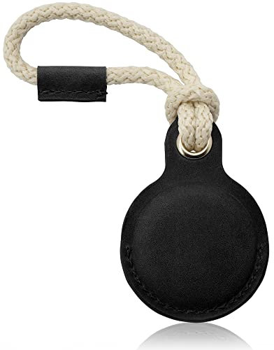 iTAGGi Echtleder Schutzhülle für AirTags | Robuster Schutzhüllen-Anhänger für Apple AirTag | Anti-Kratz rundum AirTag Hülle | AirTag Schlüsselanhänger mit Segelseil (Schwarz)