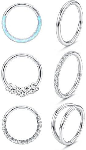 LOLIAS 6 Stück 16G Piercings Helix Silber Nasenringe Edelstahl Opel CZ Einfach Doppel Septum Clicker Lippenringe Knorpel Turm Tragus Muschel Daith Ohrringe Körper Piercing Schmuck 8/10MM