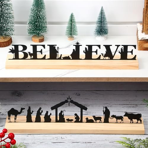 Soaoo 4-teiliges Krippen-Set für Weihnachten, Metall, Krippendekorationen, Weihnachtstischdekorationen, rustikale Krippentischschilder mit Holzsockel, Krippenfiguren für Winterurlaub,