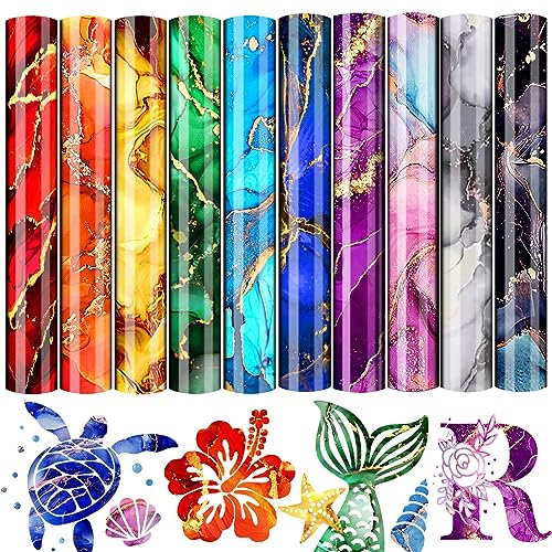 Souarts Plotterfolie für Tassen Selbstklebend, Marmor tie-dye Muster Vinylfolie Plotter Transferfolie, Holographische Schneideplotter für Basteln Glas Fenster 30cmx25cm (10er Mehrfarbig)