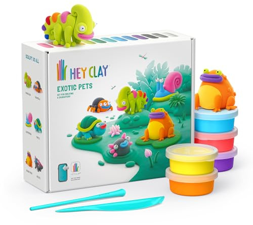 HEY CLAY - 15 Dosen lufttrocknende Knete für Kinder ab 3 Jahren - Kreatives Bastelset - Modelliermasse lufttrocknend Knete ab 3 Jahre (Exotische Tiere)