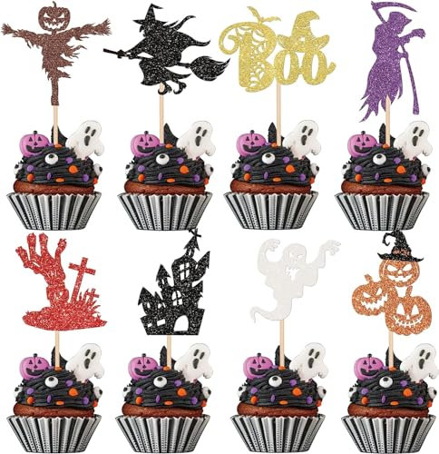32 Stück Halloween Tortendeko Glitzer Witch Boo Kürbis Cupcake Toppers für Happy Halloween Themen Party Kuchen Deko Baby Dusche Kinder Geburtstag Party Kuchen Dekorationen