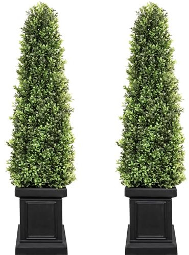 Colorspec Artificial Boxwood Topiary Set of 2, 3.5ft Tall Outdoor Porch Trees, All-Year Green Fake Plant With Sturdy Pot for Indoor and Outdoor Use (Square)