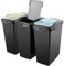 Addis Recycling 40 litre waste kitchen plastic bins, Set of 3, modular system with lift lids, Black with delicate Sage Green, Air Blue and Soft Grey